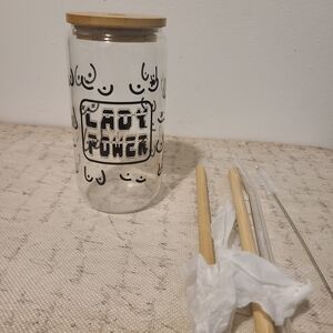 Lady Power Glass Tumbler with Bamboo Lid - Clear with Black Graphic